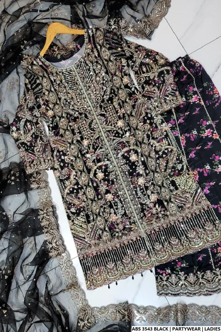 Pakistani women's black organza straight shirt back view