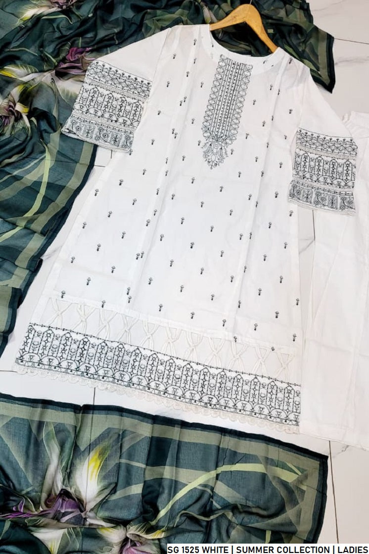 Pakistani women's white lawn A-Line casual outfit back view