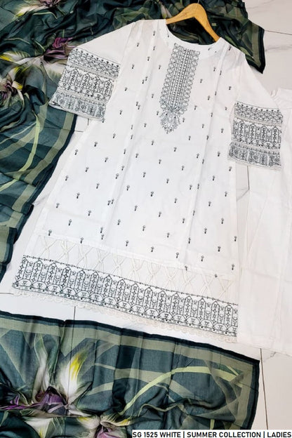 Pakistani women's white lawn A-Line casual outfit back view