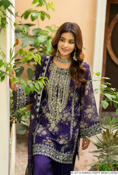 Pakistani women's dark purple silk long kaftan full view