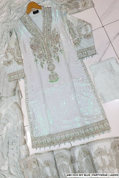 Pakistani women's sky blue organza straight shirt full view