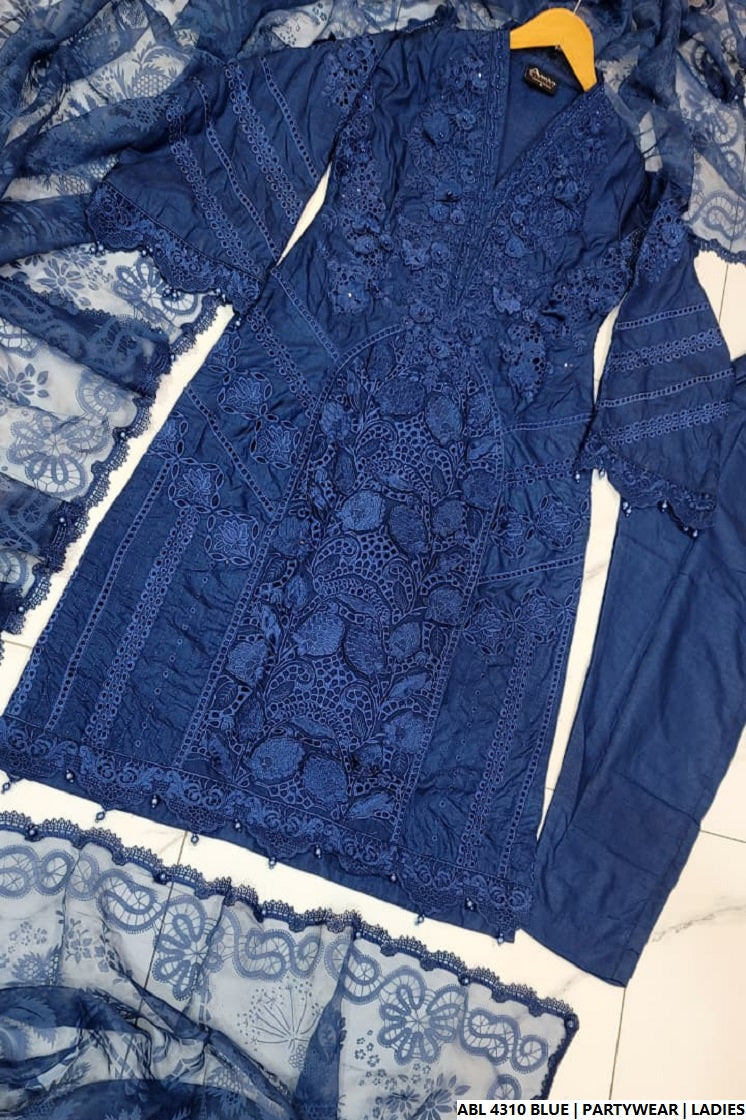 Pakistani women's blue organza A-Line shirt back view