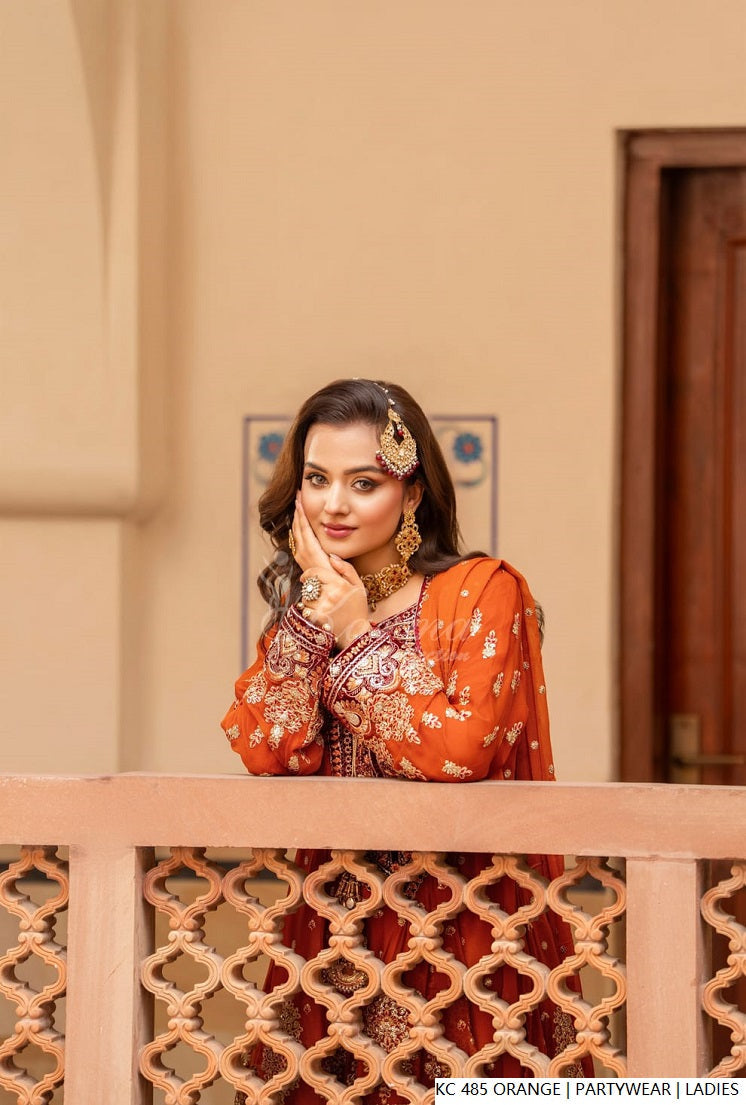 Pakistani women's orange silk long kaftan plazo full view