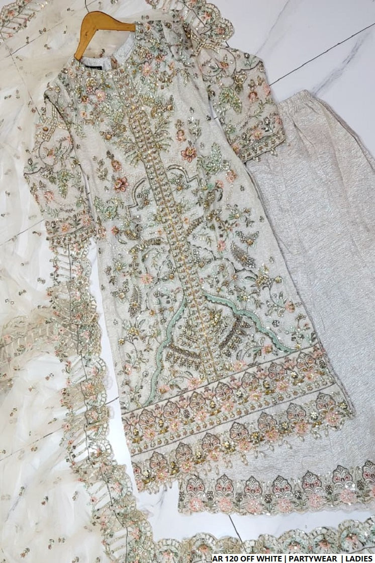 Pakistani women's off white organza short shirt full view