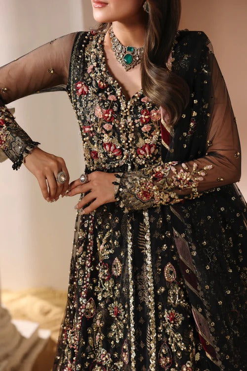 Pakistani women's black soft net long open frock detail view
