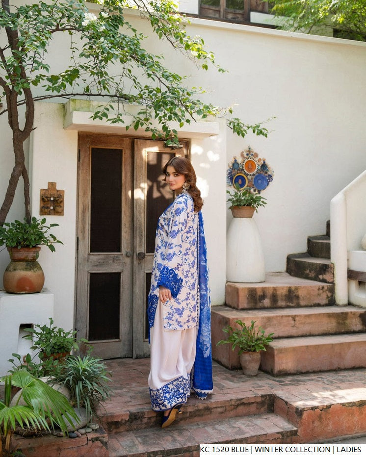 Pakistani women's blue silk 2-piece formal suit detail view