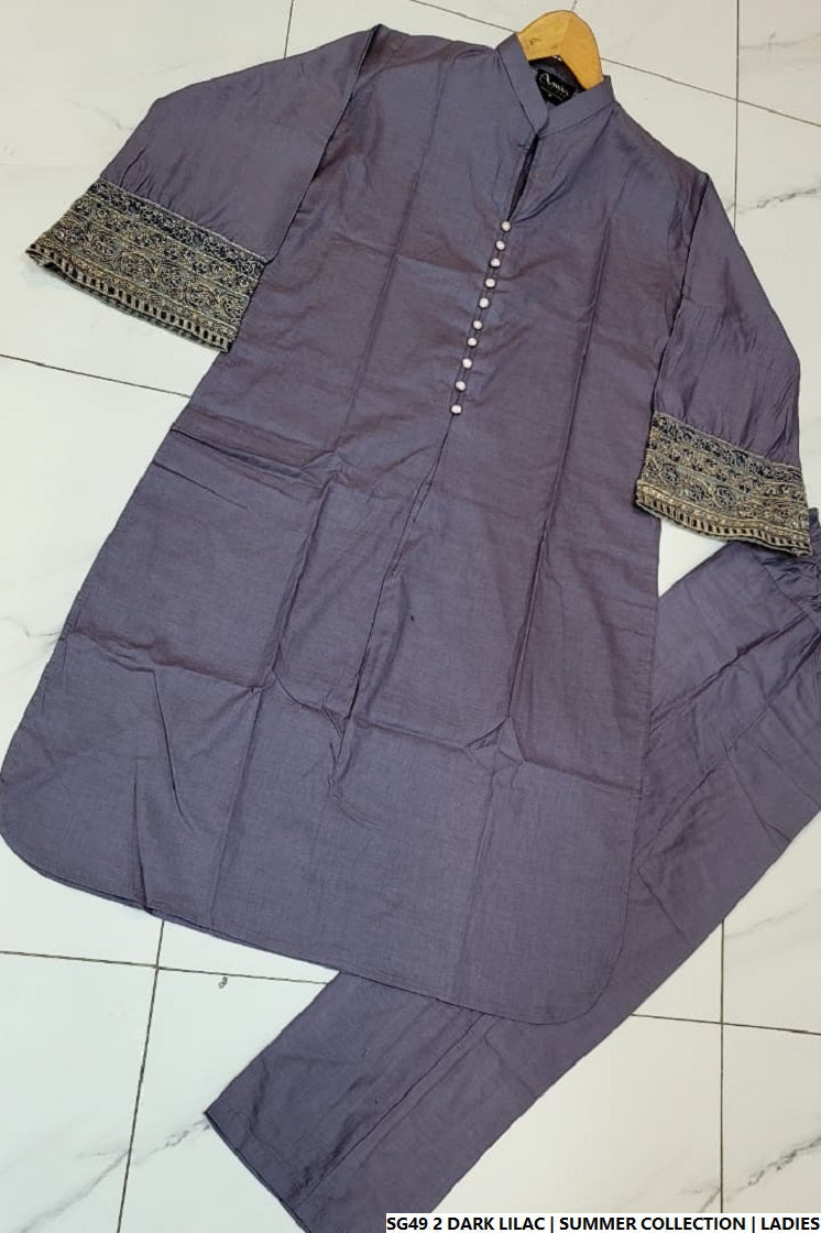 Pakistani women's dark lilac lawn A-Line casual outfit back view