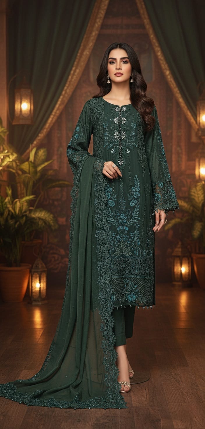 Organza A-Line shirt dusty green - Pakistani women's elegant formal wear with viscose trouser and organza dupatta front view