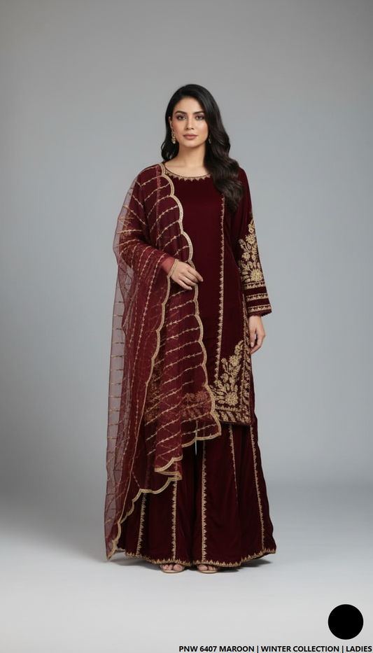 Velvet straight shirt maroon - Pakistani women's winter formal wear with velvet trouser and palachi shawl front view