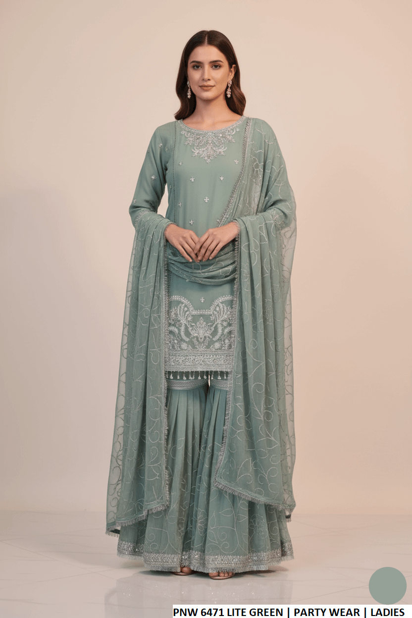 Chiffon short shirt sharara light green - Pakistani women's festive party wear with chiffon dupatta front view
