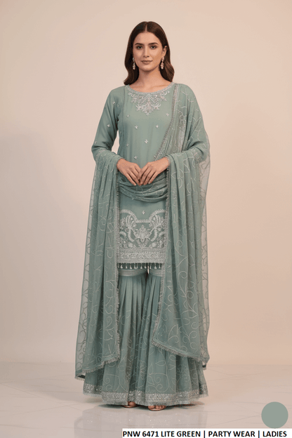 Chiffon short shirt sharara light green - Pakistani women's festive party wear with chiffon dupatta front view