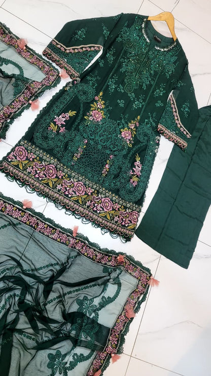 Pakistani women's bottle green organza A-Line shirt back view