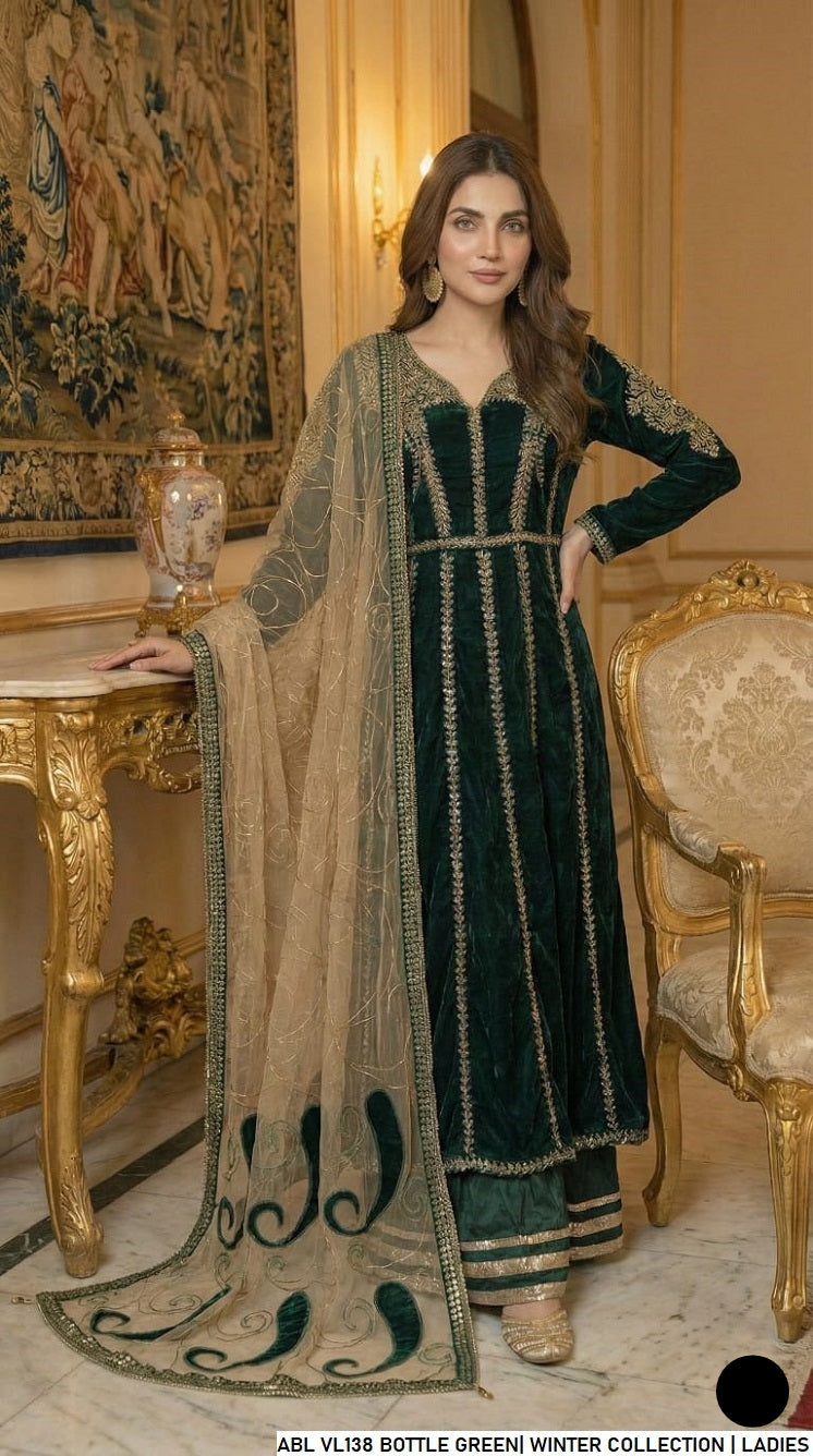Velvet A-Line shirt bottle green - Pakistani women's winter formal wear with viscose trouser and palachi shawl front view