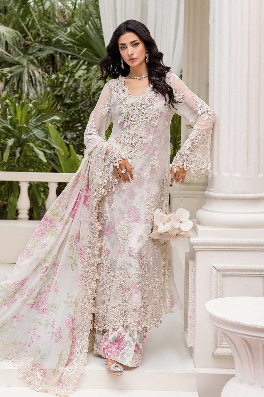 Organza A-Line shirt pink white - Pakistani women's elegant formal wear with viscose trouser and organza dupatta front view