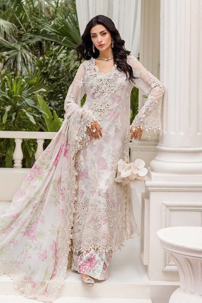 Organza A-Line shirt pink white - Pakistani women's elegant formal wear with viscose trouser and organza dupatta front view