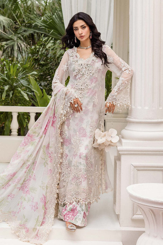 Organza A-Line shirt pink white - Pakistani women's elegant formal wear with viscose trouser and organza dupatta front view