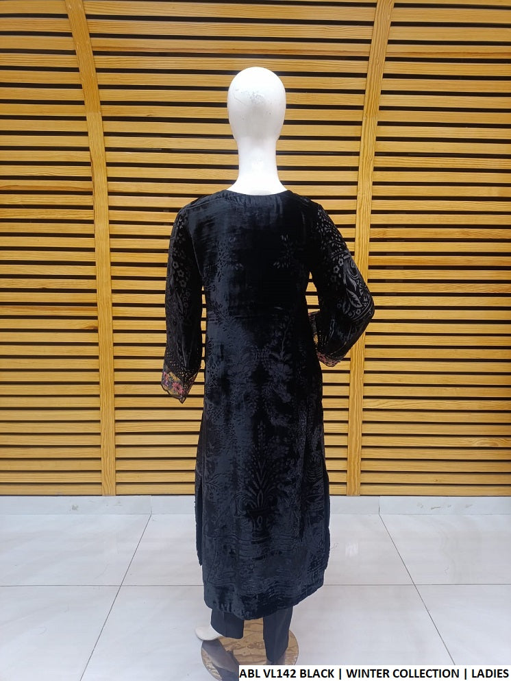 Black velvet Pakistani women's A-Line shirt back view