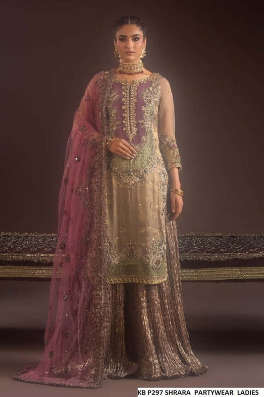 Khaddar embroidered sharara golden - Pakistani women's traditional festive sharara with gold embroidery front view