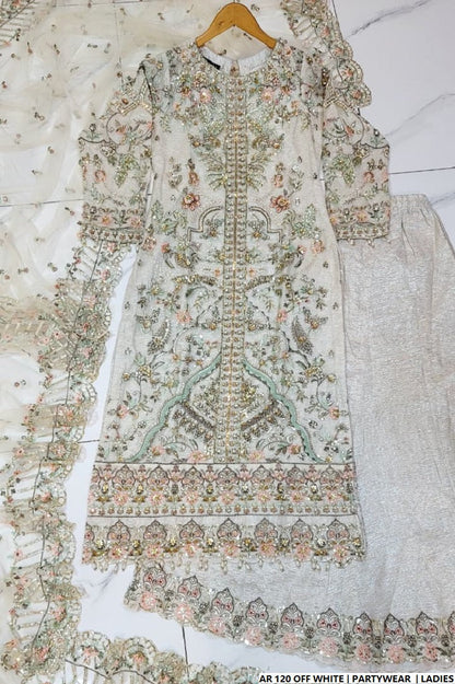 Pakistani women's off white organza short shirt back view