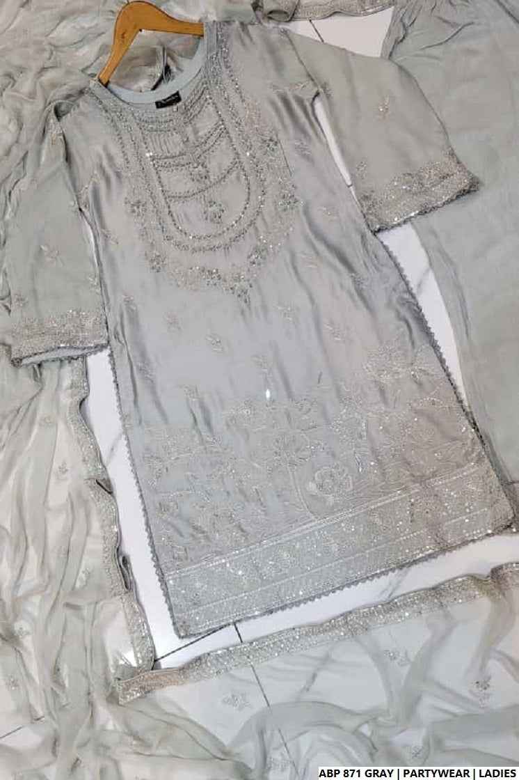 Pakistani women's grey silk straight shirt back view