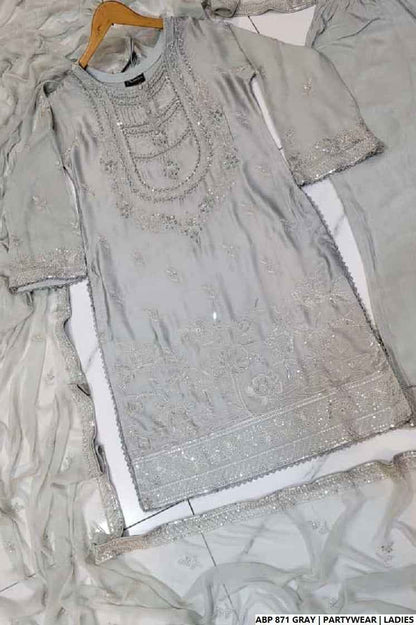 Pakistani women's grey silk straight shirt back view