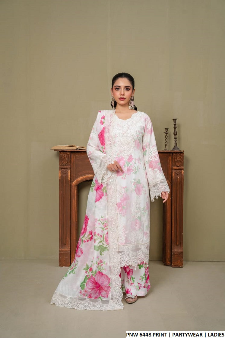 Chiffon printed straight shirt - Pakistani women's elegant party wear with viscose trouser and organza dupatta front view