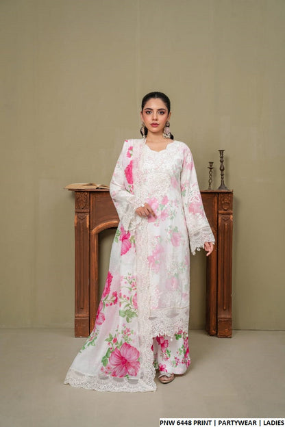 Chiffon printed straight shirt - Pakistani women's elegant party wear with viscose trouser and organza dupatta front view