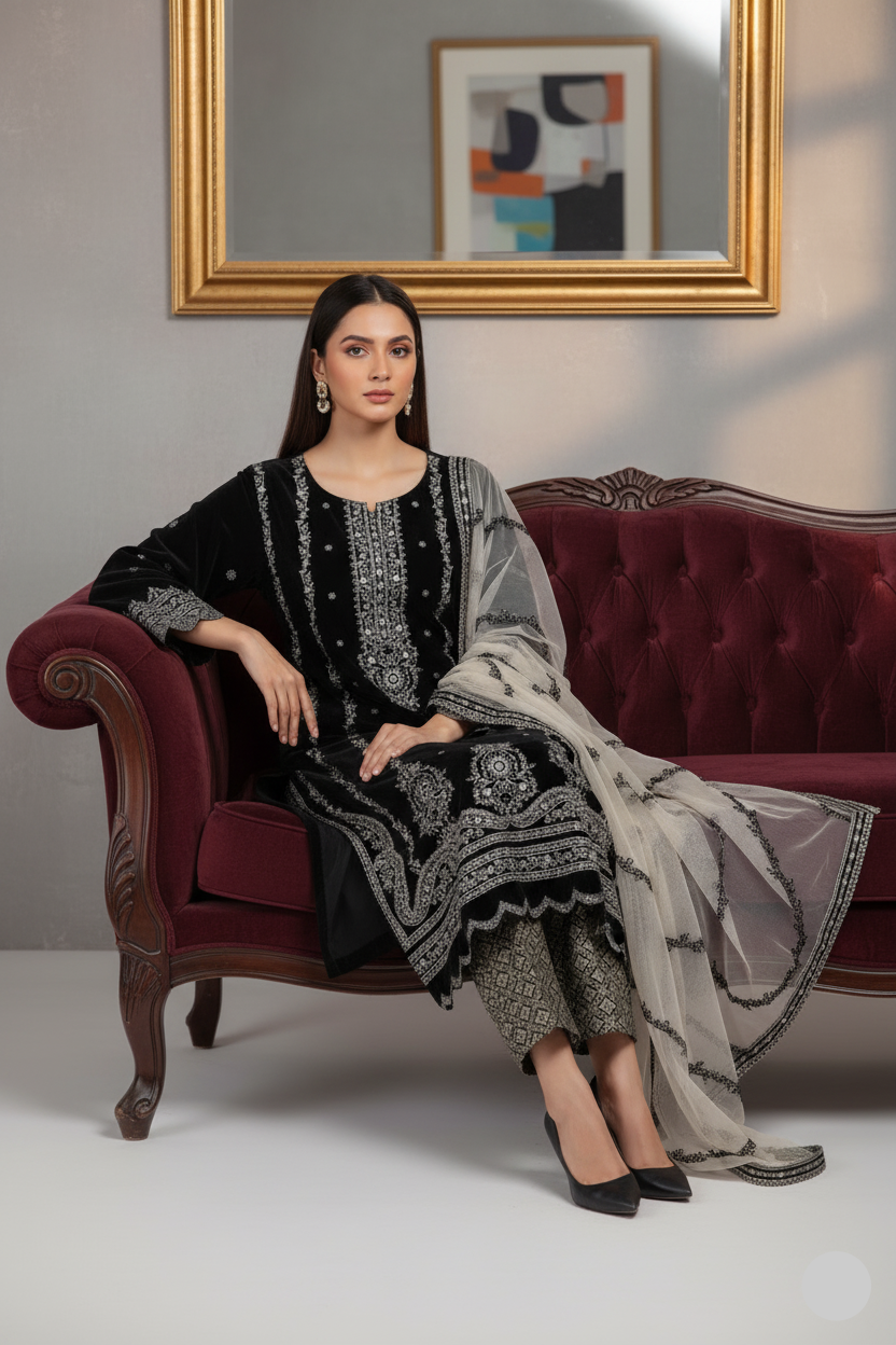 Velvet straight shirt SG1470 10 - Pakistani women's party wear with jamawar trouser front view