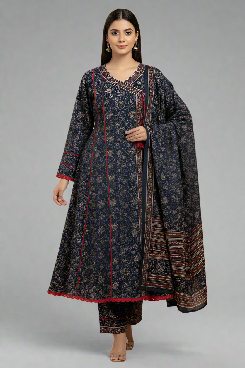 Lawn A-Line printed shirt - Pakistani women's casual summer outfit with cotton trouser and lawn dupatta front view