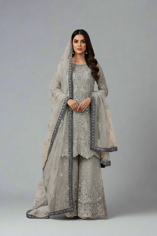 Silk short shirt grey - Pakistani women's traditional formal outfit front view