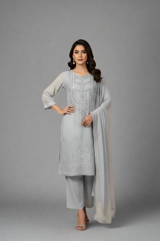 Silk straight shirt grey - Pakistani women's formal party wear with silk trouser and chiffon dupatta front view