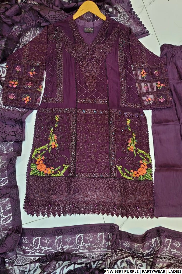 Pakistani women's purple chiffon straight shirt plazo full view
