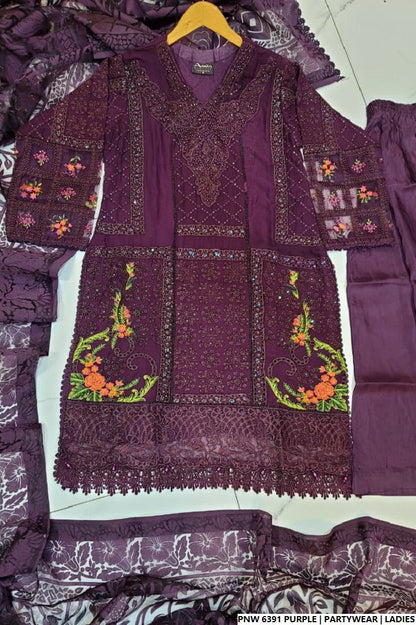 Pakistani women's purple chiffon straight shirt plazo full view
