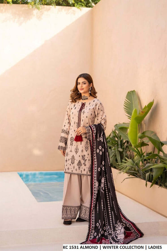 Silk short shirt farshi shalwar almond - Pakistani women's traditional formal outfit with silk fabric front view