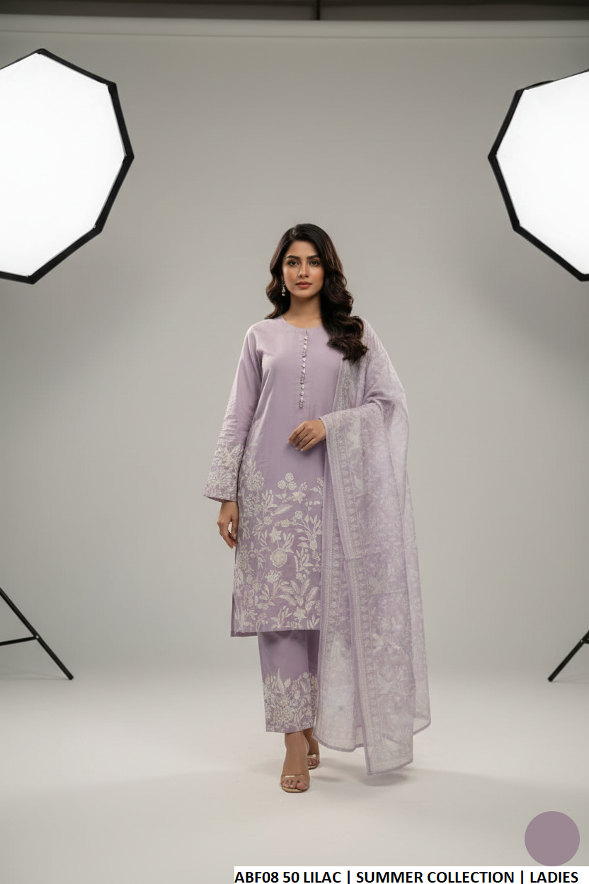 Cotton straight shirt plazo lilac - Pakistani women's casual outfit with digital print dupatta front view