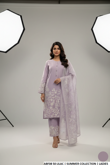 Cotton straight shirt plazo lilac - Pakistani women's casual outfit with digital print dupatta front view