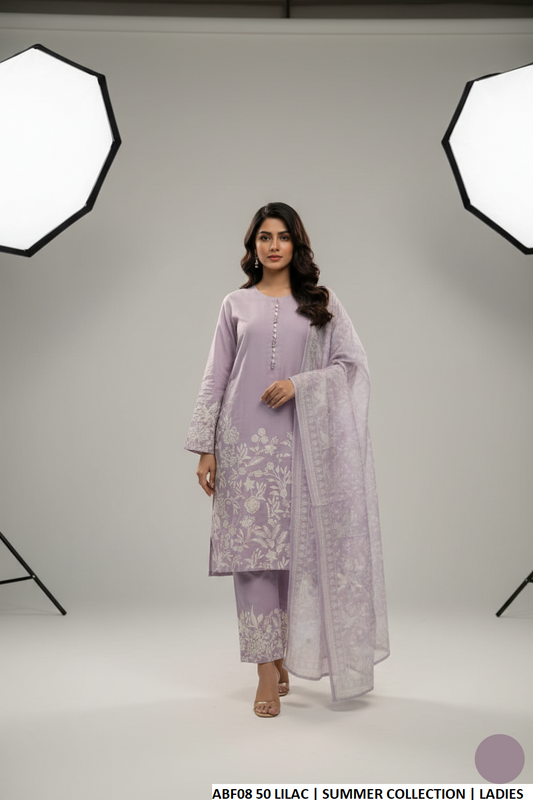 Cotton straight shirt plazo lilac - Pakistani women's casual outfit with digital print dupatta front view