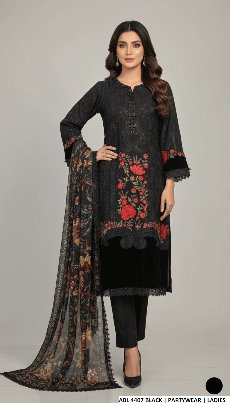 Chiffon straight shirt black - Pakistani women's formal party wear with viscose trouser and chiffon dupatta front view