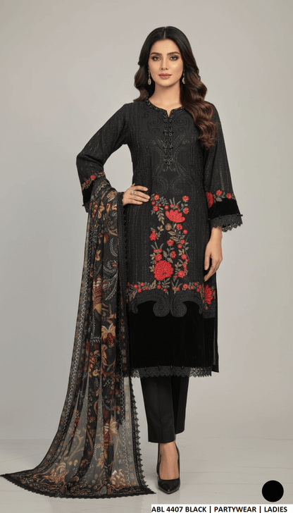 Chiffon straight shirt black - Pakistani women's formal party wear with viscose trouser and chiffon dupatta front view