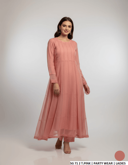Chiffon long frock tea pink - Pakistani women's elegant formal wear with grip trouser front view