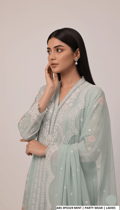 Mint chiffon Pakistani women's straight shirt with plazo side view
