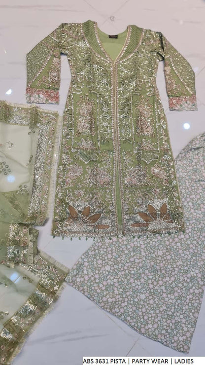 Pakistani women's pista green organza open shirt back view