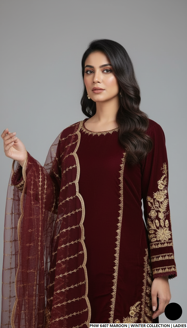 Maroon velvet Pakistani women's straight shirt back view