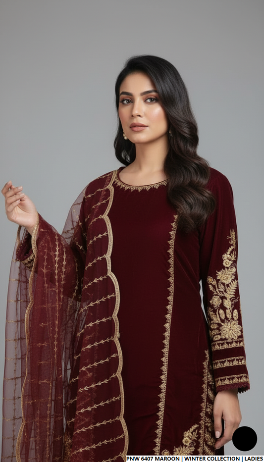 Maroon velvet Pakistani women's straight shirt back view
