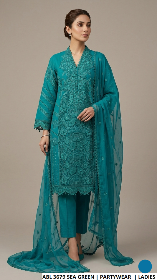 ABS 3679 SEA GREEN - Sea Green Chiffon Ready to Wear 3-Piece Women's Pakistani Suit