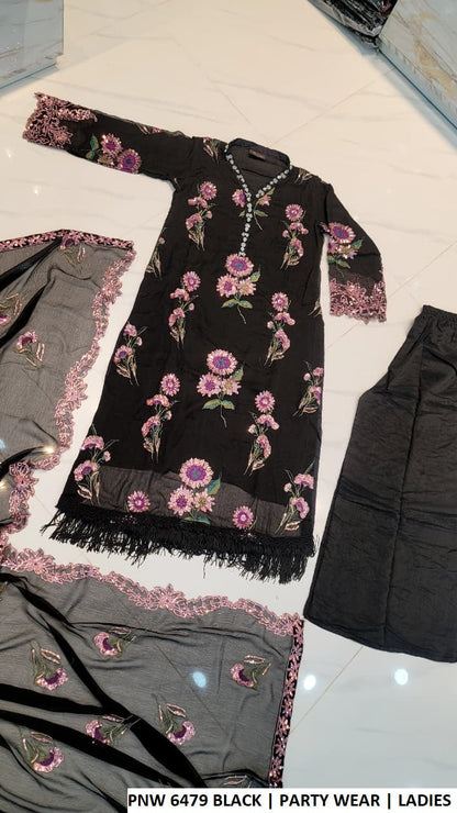 PNW 6479 BLACK - Black Chiffon Plazo 3-Piece Women's Pakistani Suit