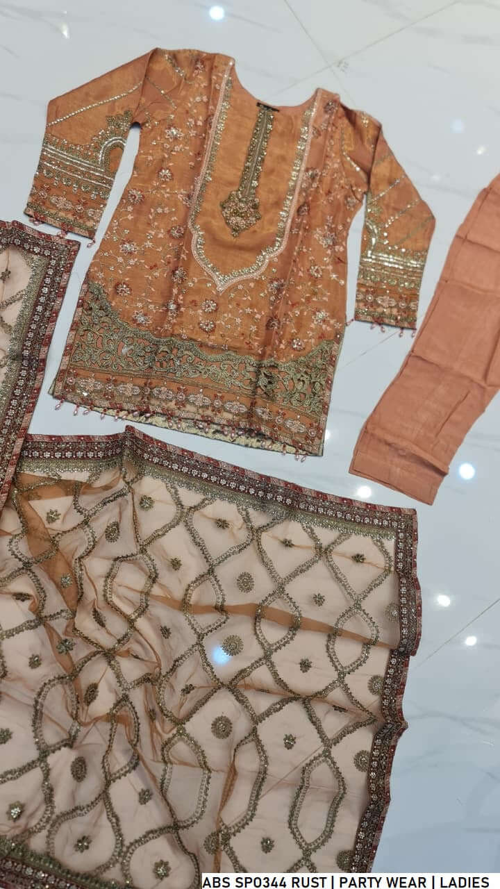 Pakistani women's rust masuri net short shirt back view