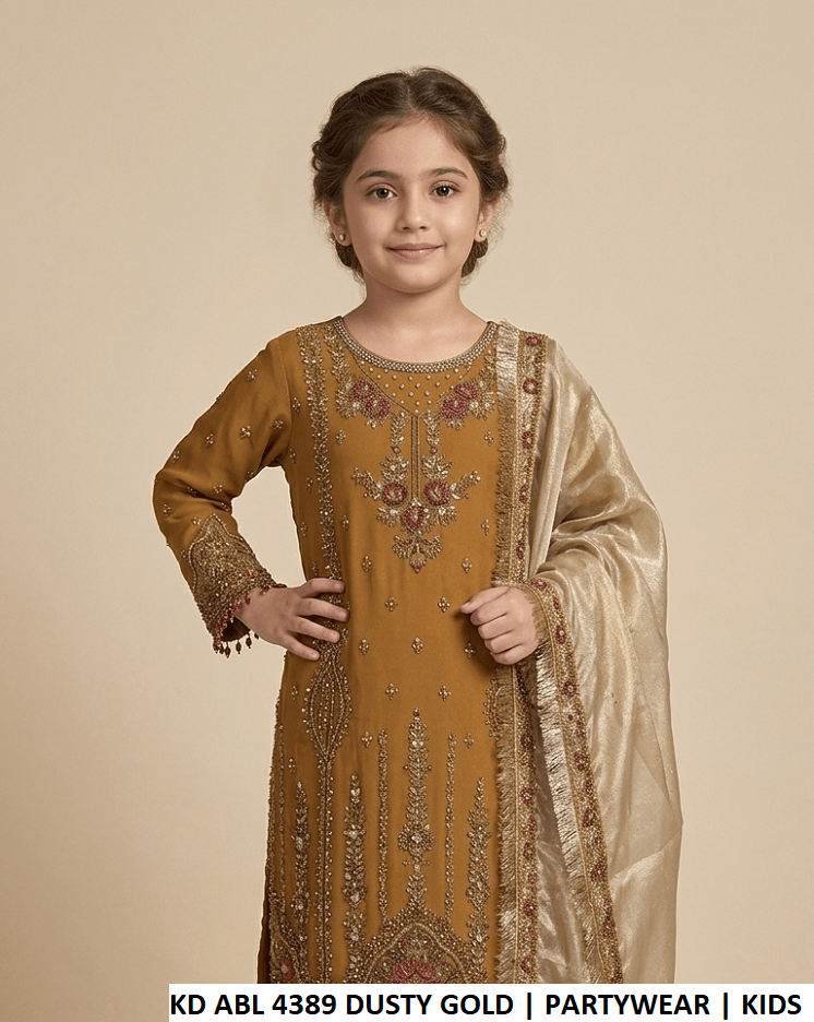 Chiffon straight shirt KD ABL 4389 DUSTY GOLD - Pakistani girls kids party wear with viscose trouser and masoori dupatta front view