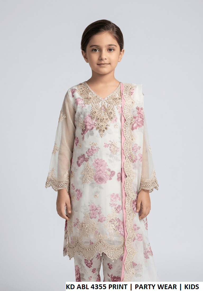 Chiffon straight shirt KD ABL 4355 PRINT - Pakistani girls kids party wear with grip trouser and chiffon dupatta front view