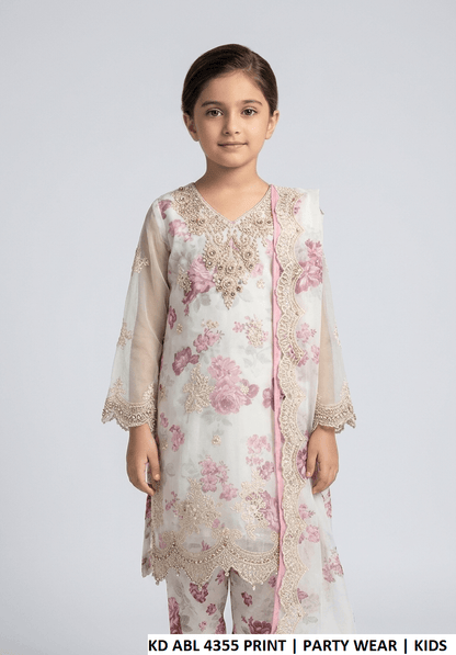 Chiffon straight shirt KD ABL 4355 PRINT - Pakistani girls kids party wear with grip trouser and chiffon dupatta front view